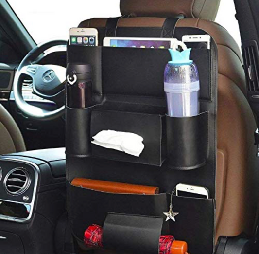 Leather Car Back Seat Organizer – Multi-Pocket Storage Bag with Foldable Tray (Multi colour)