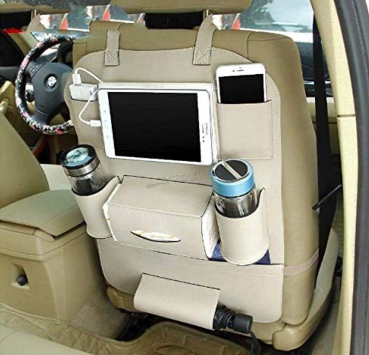 Leather Car Back Seat Organizer – Multi-Pocket Storage Bag with Foldable Tray (Multi colour)